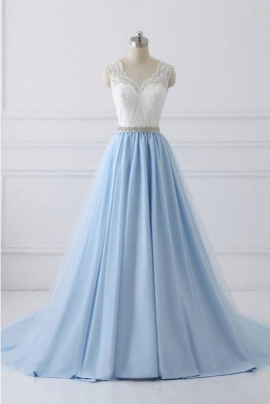 A Line V-neck Lace Appliques Bodice Long Dresses Elegant Prom Dress with Beads - Prom Dresses