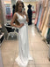 A Line V Neck Lace Beading White Chiffon Long Prom Dresses, White Lace Formal Dresses, V Neck Lace White Evening Dresses