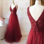 Burgundy Long A-line Tulle Lace Open Back Formal Prom Dress
