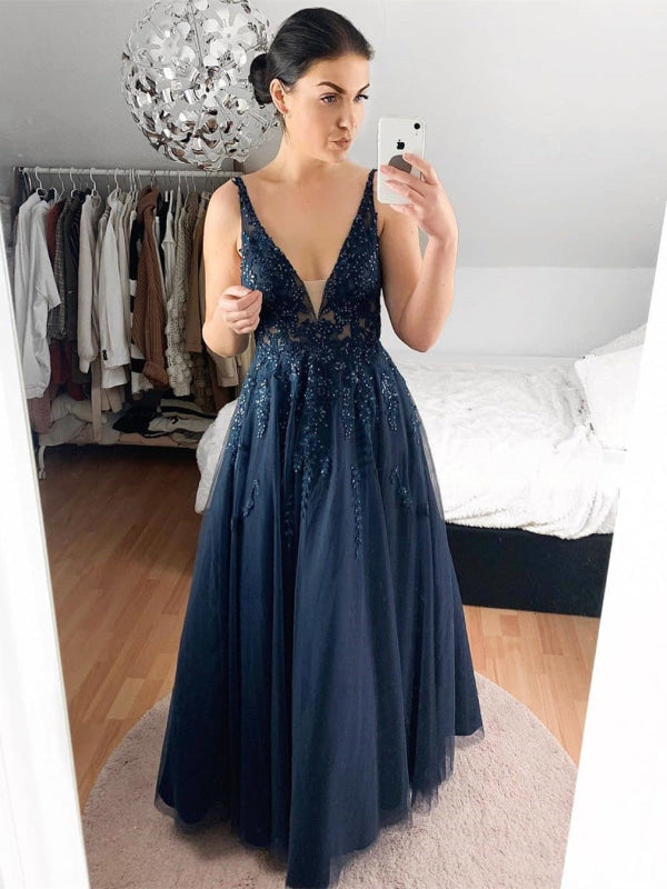 Navy Blue Square Collar A-Line Prom Dress with V-Back