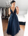 A Line V Neck Lace Navy Blue Long Prom Dresses, Navy Blue Lace Formal Dresses, Navy Blue Evening Dresses