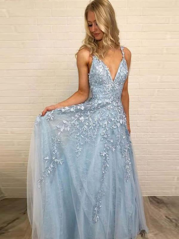 Sexy Sky Blue V Neck A-line Long Prom Evening Dresses GJS241 main image 0