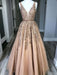 A Line V Neck Lace Tulle Long Prom Dresses, V Neck Lace Formal Graduation Dresses, Lace Evening Dresses
