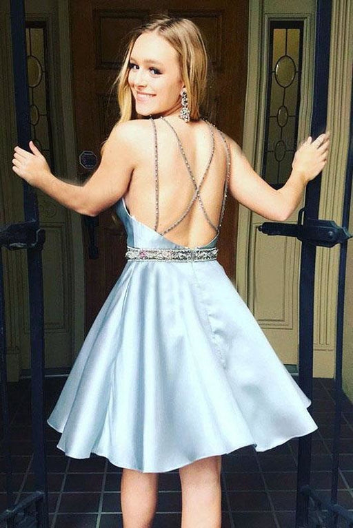 A-Line V-neck Light Blue Satin Homecoming with Beading Sexy Short Prom Dress - Prom Dresses