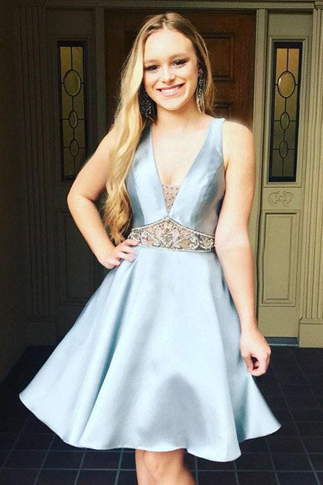 A-Line V-neck Light Blue Satin Homecoming with Beading Sexy Short Prom Dress - Prom Dresses