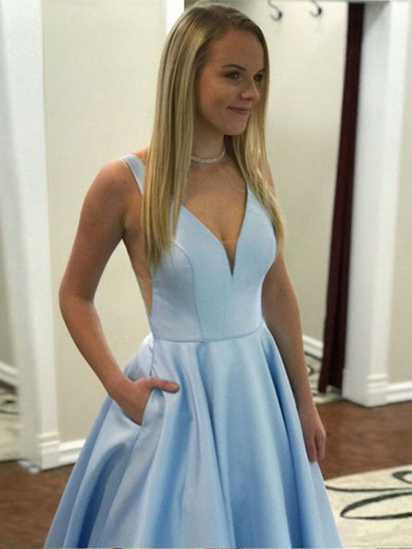 Simple A Line V Neck Light Blue Satin Homecoming Dresses With Pockets main image 1