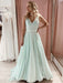 A Line V Neck Long Mint Green Lace Prom Dresses, Mint Green Lace Formal Graduation Evening Dresses