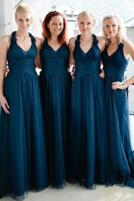 A-Line V-Neck Long Ruched Tulle Bridesmaid Dress - Bridesmaid Dresses