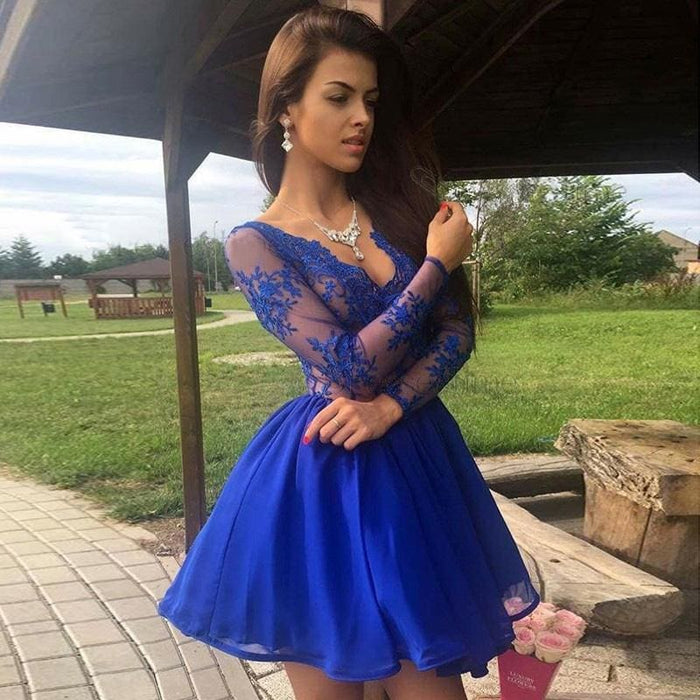 A-Line V-Neck Long Sleeves Chiffon Lace Homecoming Royal Blue Party Dress - Prom Dresses