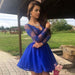 A-Line V-Neck Long Sleeves Chiffon Lace Homecoming Royal Blue Party Dress - Prom Dresses