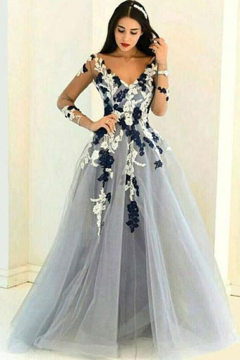 A-line V-neck Long Sleeves Tulle Dress with Appliques Cheap Prom Gown - Prom Dresses