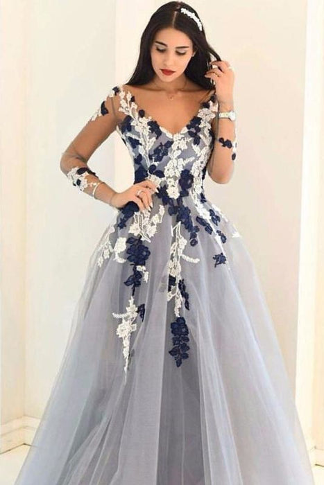 A-line V-neck Long Sleeves Tulle Dress with Appliques Cheap Prom Gown - Prom Dresses