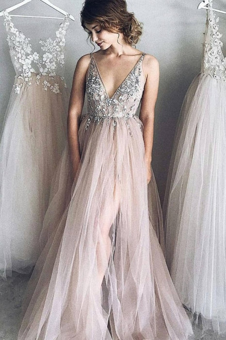 A-line V neck Long Tulle New Arrival Appliques Prom Dresses with Beads Party Dress - Prom Dresses