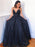 A Line V Neck Navy Blue Lace Long Prom Dresses, V Neck Lace Navy Blue Formal Dresses, Dark Blue Lace Evening Dresses