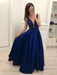 A Line V Neck Navy Blue Satin Long Prom Dresses with Beads, Navy Blue Formal Dresses Graduation Dresses, Evening Dresses