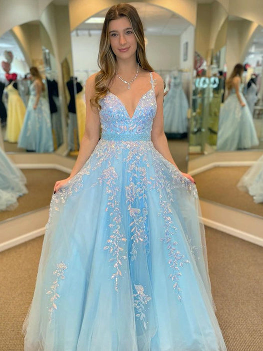 A Line V Neck Open Back Beaded Blue Lace Long Prom Dresses with Belt, Bridelily A Line V Neck Open Back Beaded Blue Lace Long Prom Dresses with Belt, Bridelily