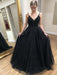 A Line V Neck Open Back Black Lace Long Prom Dresses, Black Lace Formal Dresses, Black Evening Dresses 