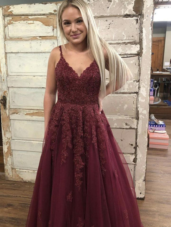 A-line Burgundy Backless V-neck Formal Prom Dresses PO402 main image 1