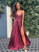 A Line V Neck Open Back Burgundy Long Prom Dresses with High Slit, Backless Burgundy Formal Dresses, Maroon Evening Dresses