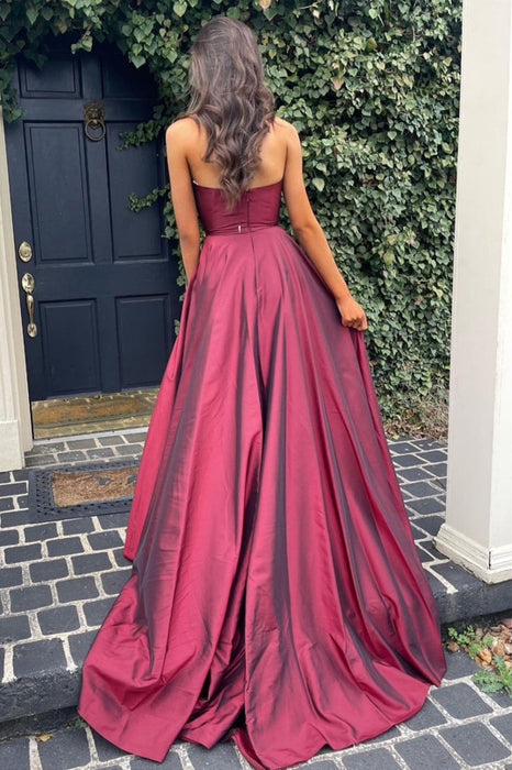 A Line V Neck Open Back Burgundy Long Prom with High Slit, Backless Bu Bridelily A Line V Neck Open Back Burgundy Long Prom with High Slit, Backless Bu Bridelily