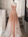 A Line V Neck Open Back Champagne Tulle Beaded Long Prom Dresses, V Neck Champagne Formal Graduation Evening Dresses