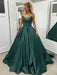 A Line V Neck Open Back Green Long Prom Dresses, Open Back Green Formal Graduation Evening Dresses 