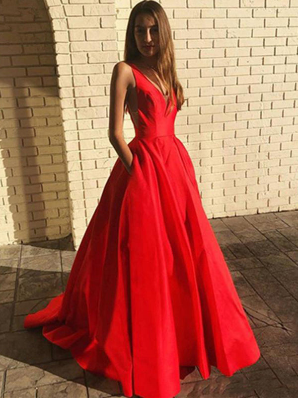 A Line V Neck Open Back Red Satin Pleats Prom Dresses LBQ2239 main image 0