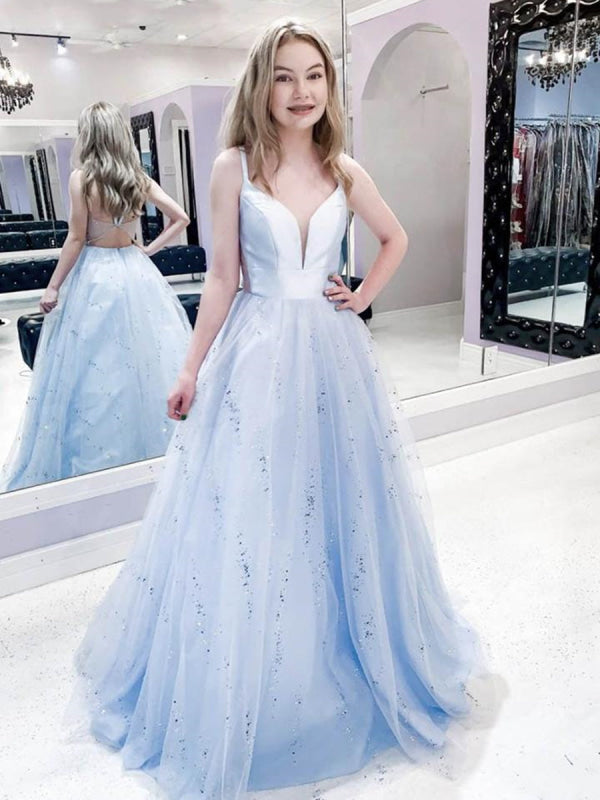 A Line V Neck Light Blue Long Prom Dresses with Star Sequins, Light Blue Formal Evening Dresses main image 0