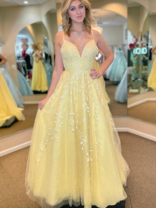Simple A Line V Neck Open Back Yellow Long Prom Dresses, Yellow Formal Evening Dresses main image 0