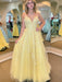 A Line V Neck Open Back Yellow Lace Tulle Long Prom Dresses with Appliques, Yellow Lace Formal Graduation Evening Dresses 