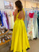 A Line V Neck Open Back Yellow Satin Long Prom Dresses with Slit, V Neck Yellow Formal Graduation Evening Dresses 