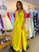 A Line V Neck Open Back Yellow Satin Long Prom Dresses with Slit, V Neck Yellow Formal Graduation Evening Dresses 
