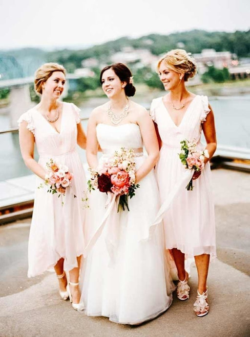 A-Line V-Neck Pearl Pink Chiffon Bridesmaid Dress - Bridesmaid Dresses