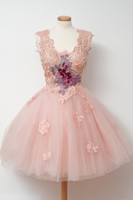 A-Line V-Neck Pink Cocktail Tulle Homecoming Dress with Appliques Short Prom Dresses - Prom Dresses