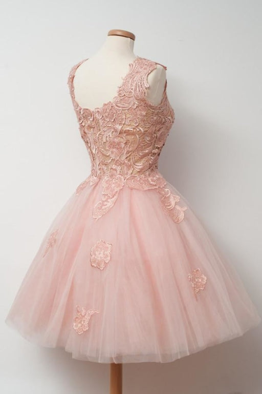 A-Line V-Neck Pink Cocktail Tulle Homecoming Dress with Appliques Short Prom Dresses - Prom Dresses