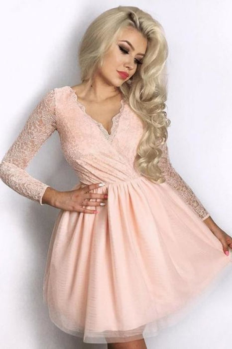 A-Line V-Neck Pink Long Sleeves Tulle Homecoming Dress with Lace - Prom Dresses