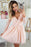 A-Line V-Neck Pink Long Sleeves Tulle Homecoming Dress with Lace - Prom Dresses