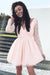 A-Line V-Neck Pink Long Sleeves Tulle Homecoming Dress with Lace - Prom Dresses