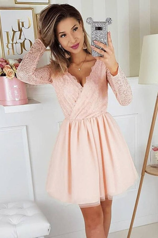 Short V Neck Blush Pink Lace Homecoming Dresses SD1177 – Viniodress