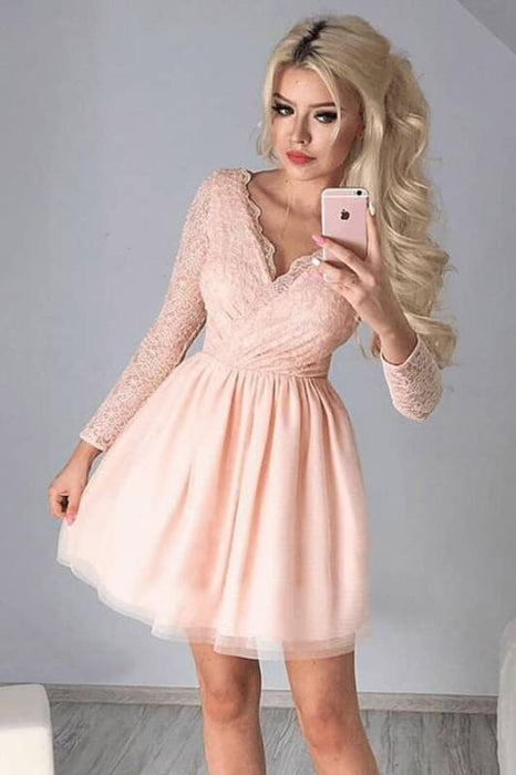A-Line V-Neck Pink Long Sleeves Tulle Homecoming Dress with Lace - Prom Dresses