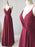 A Line V Neck Pleated Burgundy Long Prom Dresses, Floor Length Burgundy Formal Evening Graduation Dresses