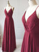 A Line V Neck Pleated Burgundy Long Prom Dresses, Floor Length Burgundy Formal Evening Graduation Dresses