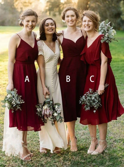A-Line V-Neck Pleated Dark Red Chiffon Bridesmaid Dress - Bridesmaid Dresses