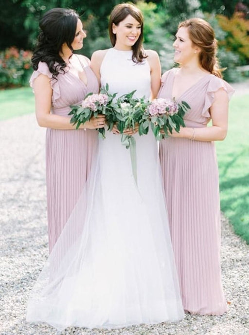 A-Line V-Neck Pleated Lilac Chiffon Long Bridesmaid Dress - Bridesmaid Dresses