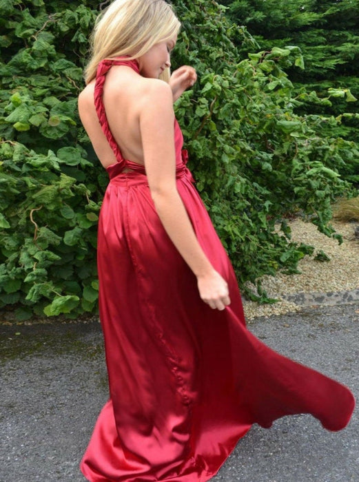 A-Line V-Neck Pleated Red Satin Bridesmaid Dress - Bridesmaid Dresses