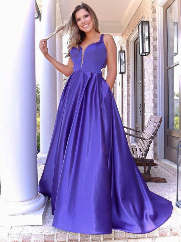 A Line V Neck Long Purple Prom Dress