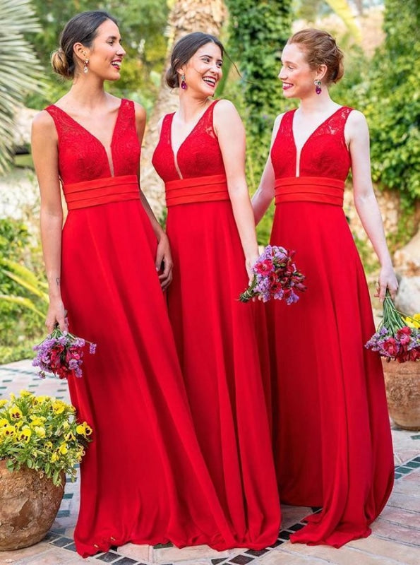 A-Line V-Neck Red Chiffon Long Bridesmaid Dress - Bridesmaid Dresses