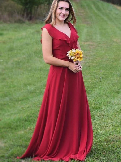 A-Line V-Neck Red Chiffon with Ruffles Bridesmaid Dress - Bridesmaid Dresses