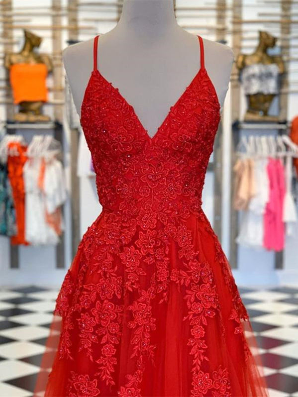 V-neck Red Lace Beaded Prom Dresses, A-line Elegant Prom Dresses, Prom Dresses, PD0397