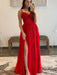 A Line V Neck Red Lace Tulle Long Prom Dresses with High Slit, Floor Length Red Lace Formal Graduation Evening Dresses 